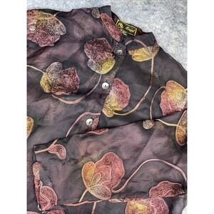 MIRASOL Embroidered Womens XL Black Floral Silk Blend Sheer Long Sleeve Top Boho